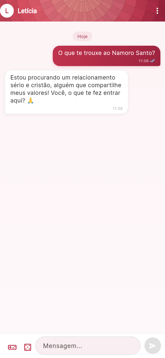 Tela de chat do Namoro Santo entre dois matches