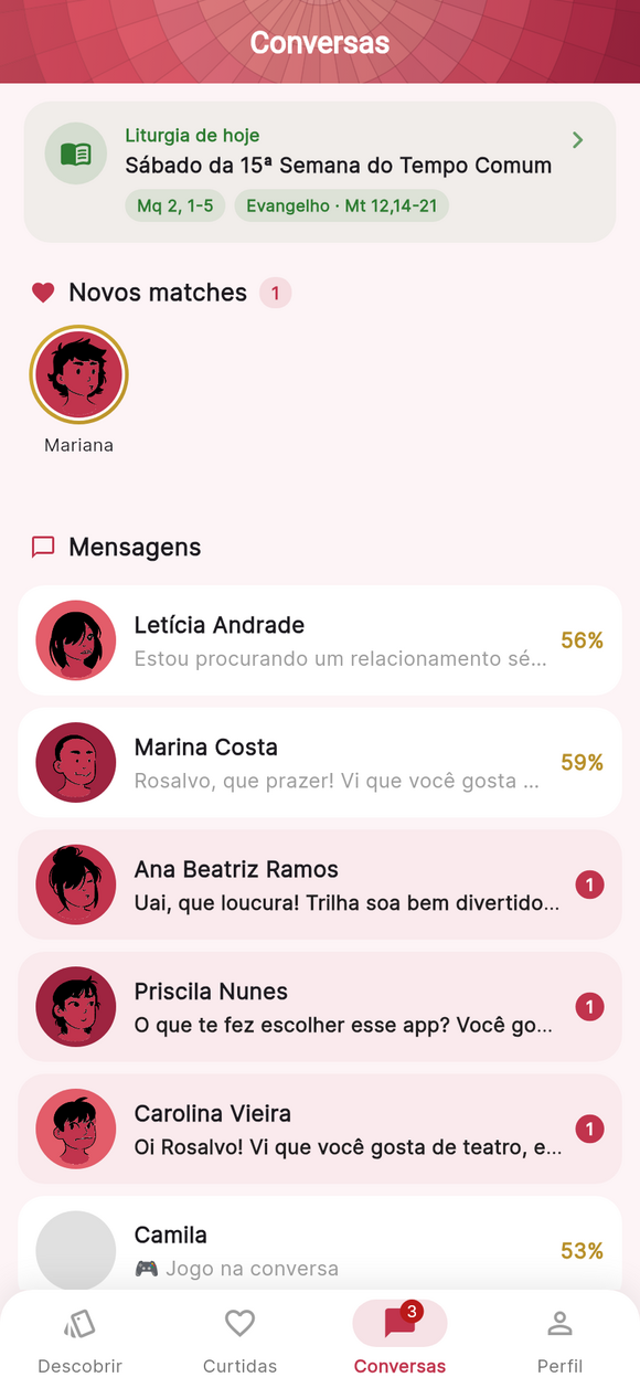 Tela Conversas do Namoro Santo, com liturgia do dia e lista de matches