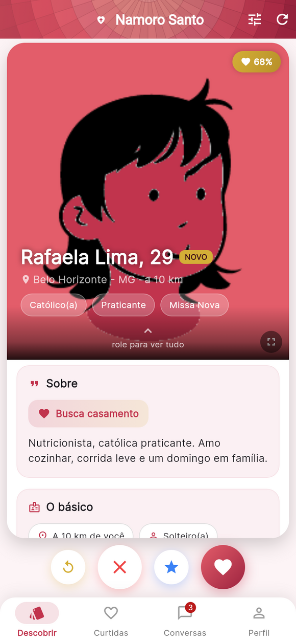 Tela Descobrir do Namoro Santo, mostrando um perfil com selo de compatibilidade de 68%